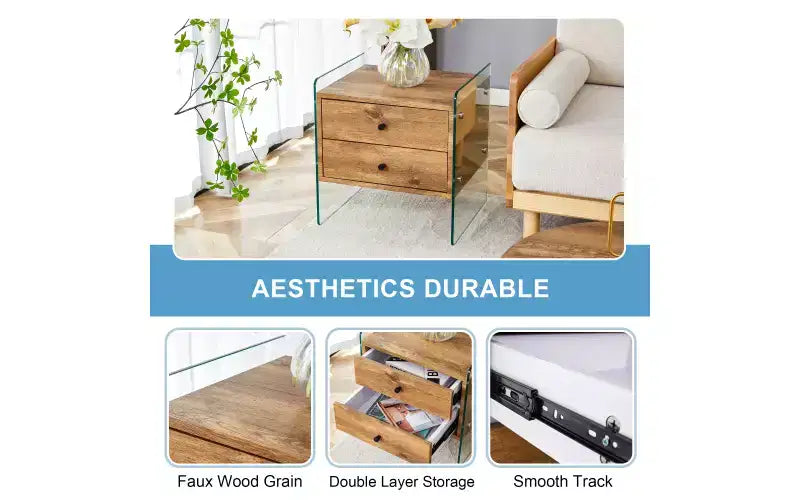 GDFStudio Reg 19 Glass Nightstand with Wooden Drawer