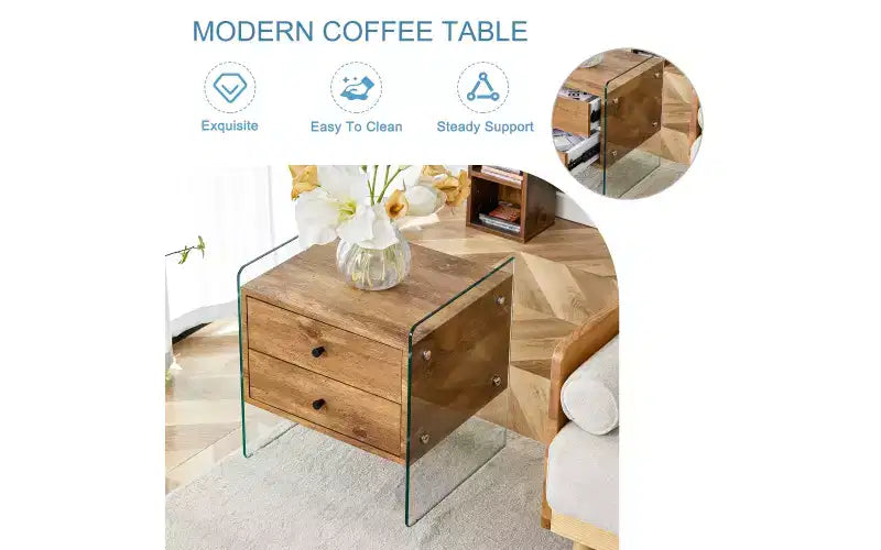 GDFStudio Reg 19 Glass Nightstand with Wooden Drawer