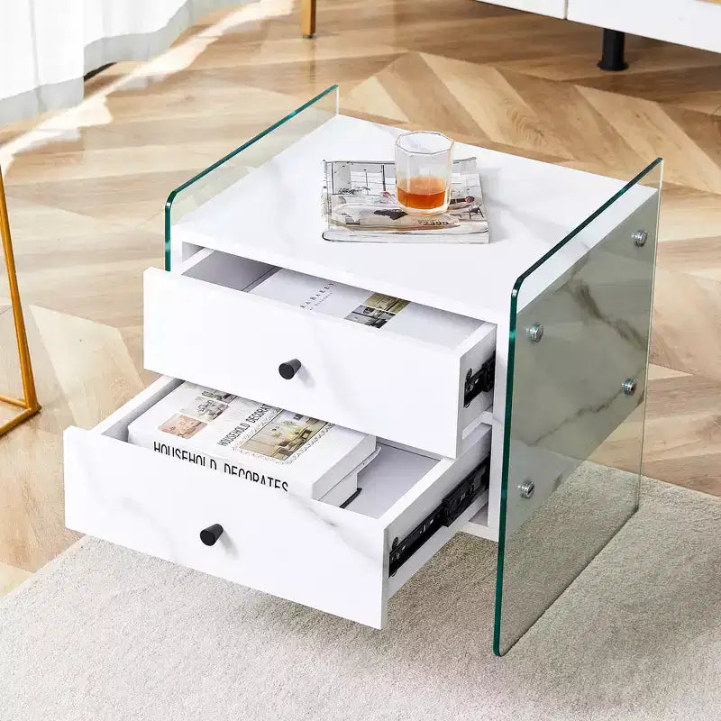 GDFStudio Reg 19 Glass Nightstand with Wooden Drawer