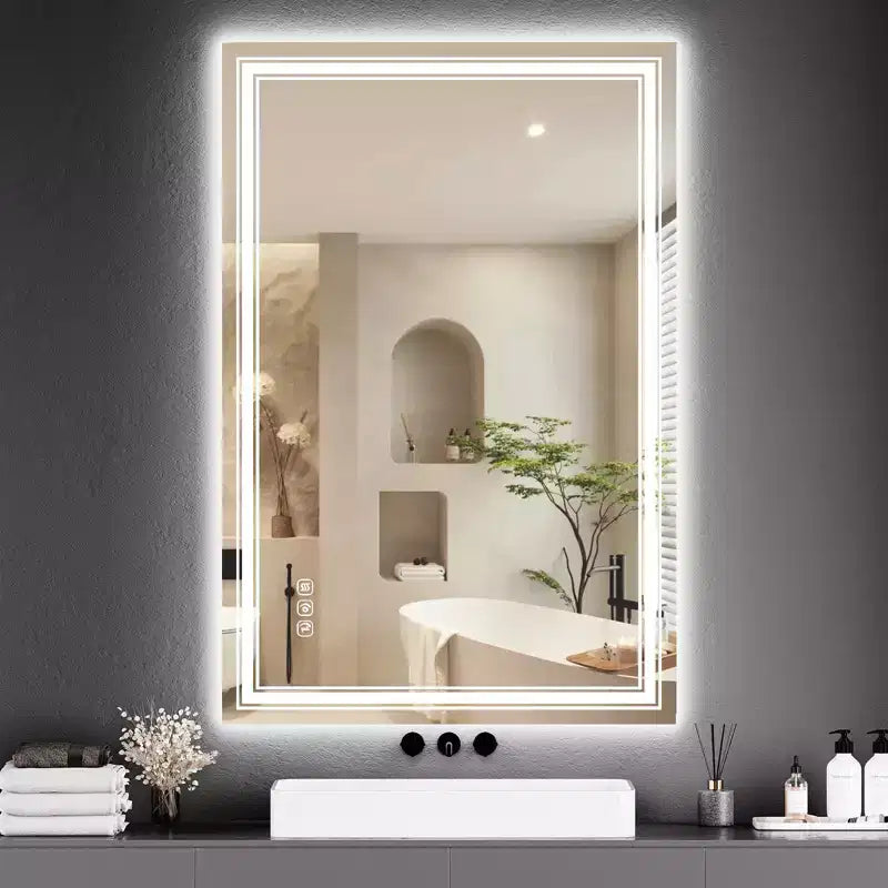 Specchio da Bagno Grande con Luci a LED, Specchio da Trucco a LED per Bagno, 3 Colori di Luce Regolabili, Anti-Appannamento, Retroilluminato + Frontalmente Illuminato, Dimmerazione Continua