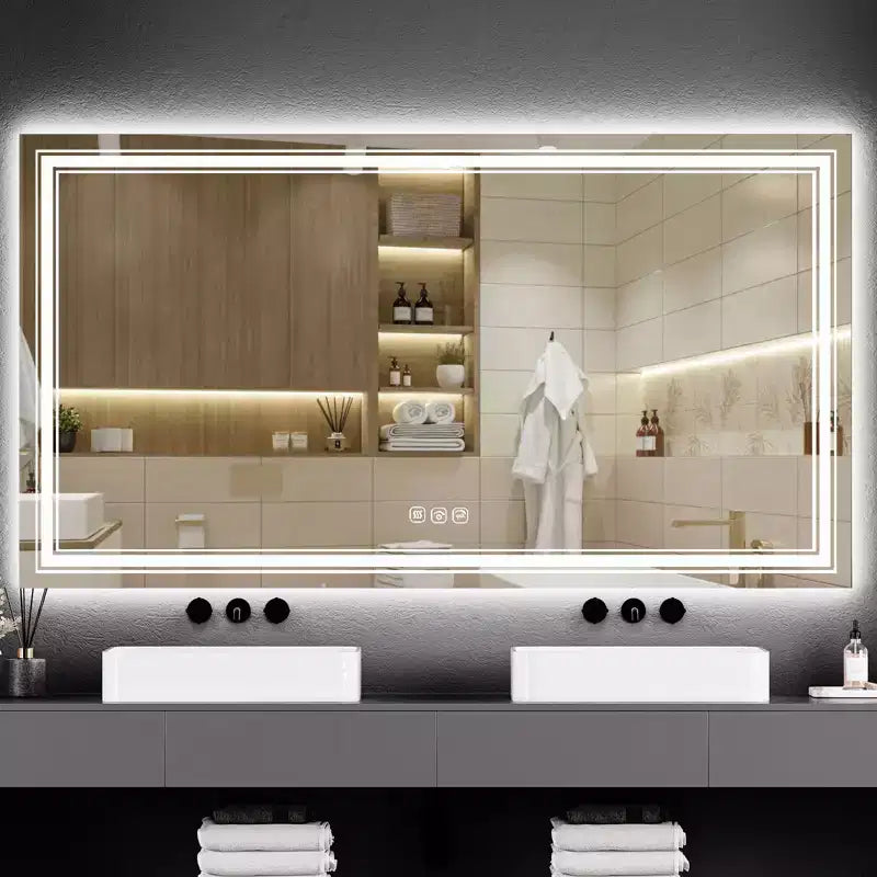 Specchio da Bagno Grande con Luci a LED, Specchio da Trucco a LED per Bagno, 3 Colori di Luce Regolabili, Anti-Appannamento, Retroilluminato + Frontalmente Illuminato, Dimmerazione Continua
