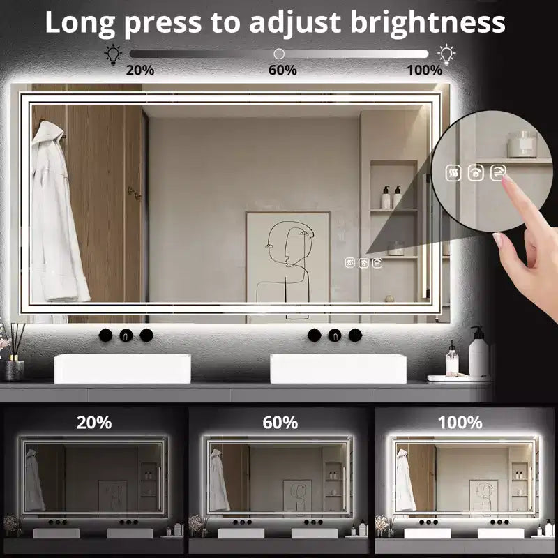 Specchio da Bagno Grande con Luci a LED, Specchio da Trucco a LED per Bagno, 3 Colori di Luce Regolabili, Anti-Appannamento, Retroilluminato + Frontalmente Illuminato, Dimmerazione Continua