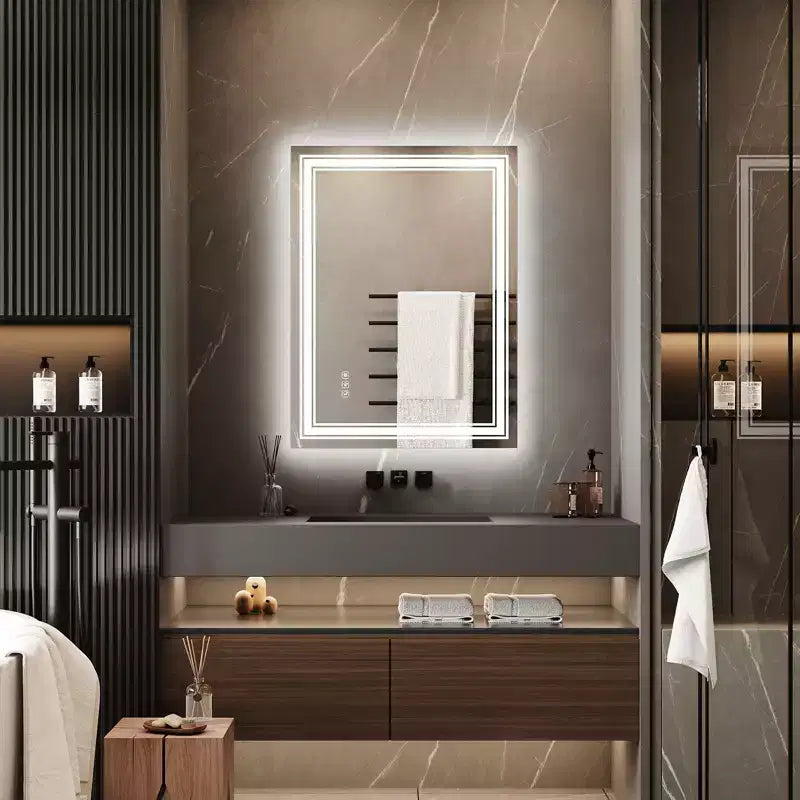 Specchio da Bagno Grande con Luci a LED, Specchio da Trucco a LED per Bagno, 3 Colori di Luce Regolabili, Anti-Appannamento, Retroilluminato + Frontalmente Illuminato, Dimmerazione Continua