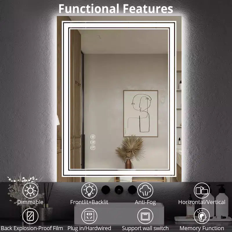 Specchio da Bagno Grande con Luci a LED, Specchio da Trucco a LED per Bagno, 3 Colori di Luce Regolabili, Anti-Appannamento, Retroilluminato + Frontalmente Illuminato, Dimmerazione Continua