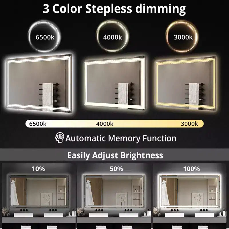 Specchio da Bagno Grande con Luci a LED, Specchio da Trucco a LED per Bagno, 3 Colori di Luce Regolabili, Anti-Appannamento, Retroilluminato + Frontalmente Illuminato, Dimmerazione Continua