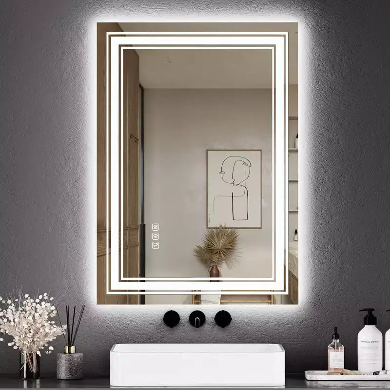 Specchio da Bagno Grande con Luci a LED, Specchio da Trucco a LED per Bagno, 3 Colori di Luce Regolabili, Anti-Appannamento, Retroilluminato + Frontalmente Illuminato, Dimmerazione Continua