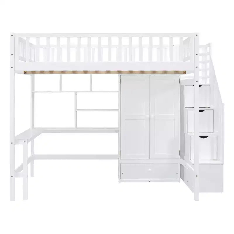 Letto a soppalco in legno con libreria, cassetti, scrivania e armadio, 94.4''L 57''W, costruzione robusta e design unico