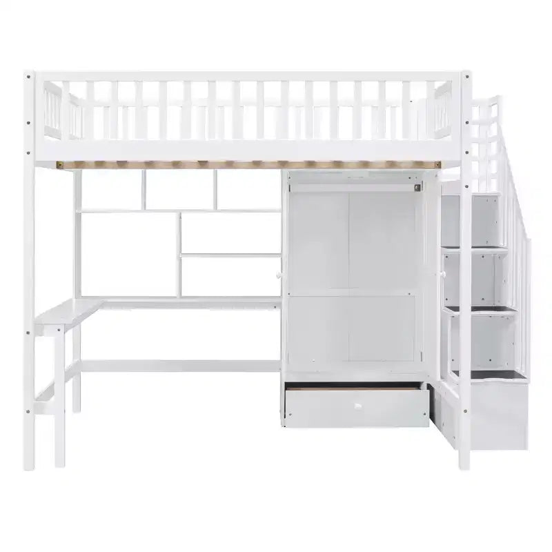 Letto a soppalco in legno con libreria, cassetti, scrivania e armadio, 94.4''L 57''W, costruzione robusta e design unico