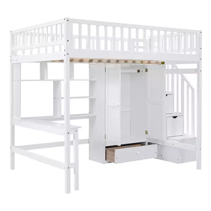 Letto a soppalco in legno con libreria, cassetti, scrivania e armadio, 94.4''L 57''W, costruzione robusta e design unico