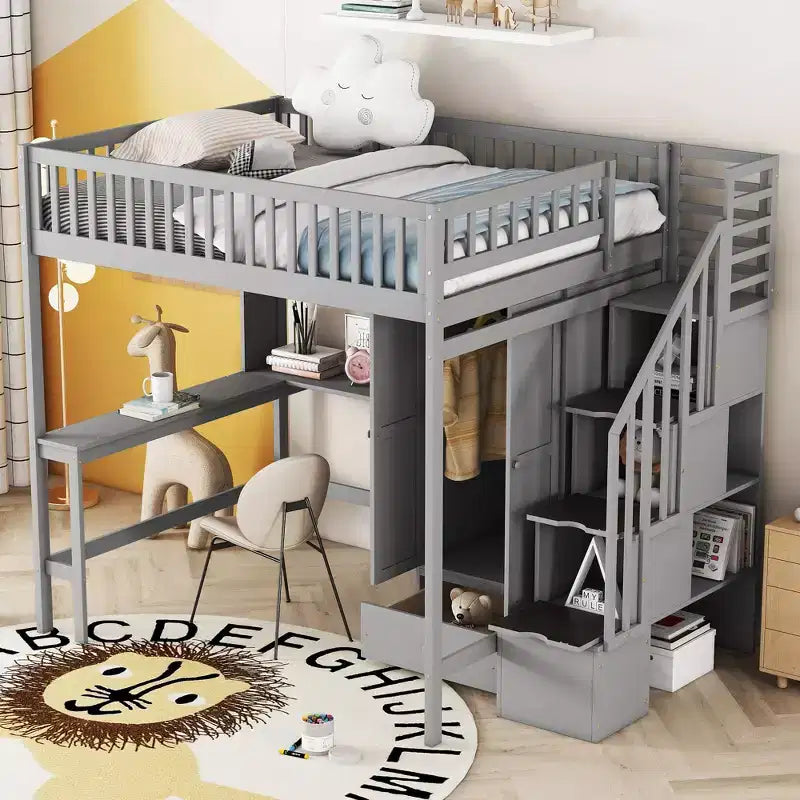 Letto a soppalco in legno con libreria, cassetti, scrivania e armadio, 94.4''L 57''W, costruzione robusta e design unico