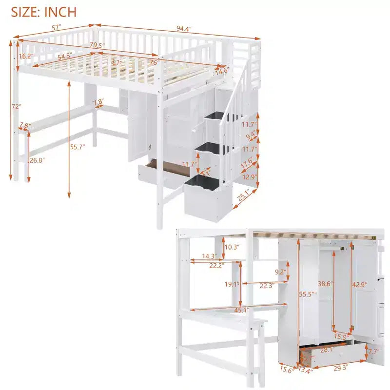 Letto a soppalco in legno con libreria, cassetti, scrivania e armadio, 94.4''L 57''W, costruzione robusta e design unico
