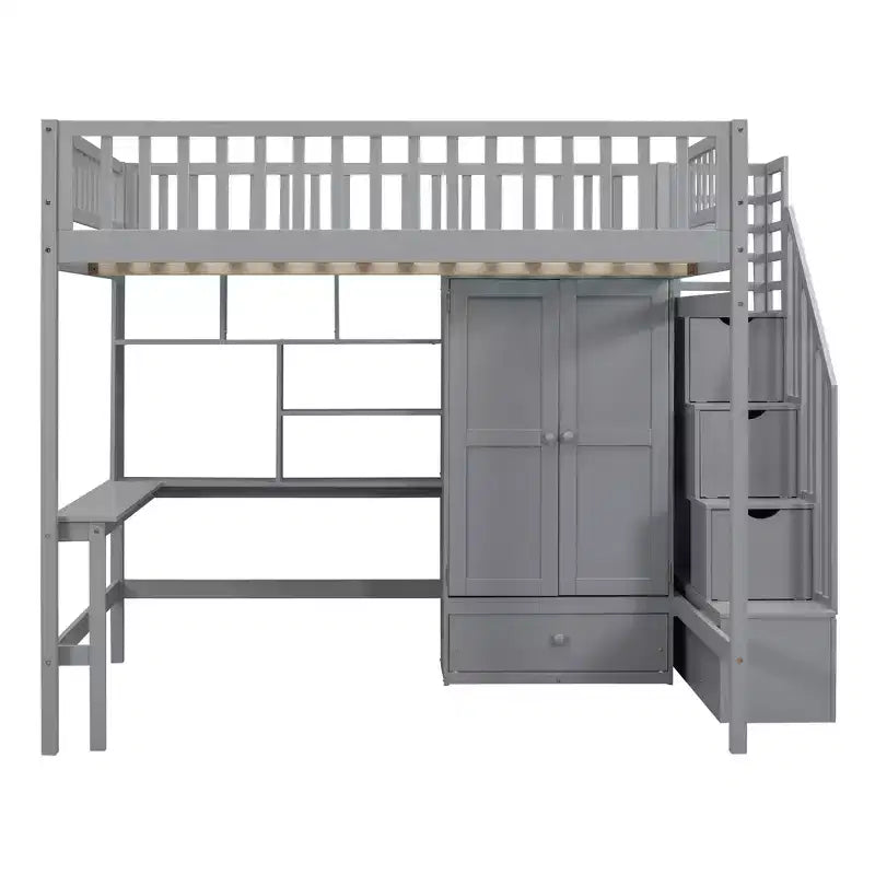 Letto a soppalco in legno con libreria, cassetti, scrivania e armadio, 94.4''L 57''W, costruzione robusta e design unico