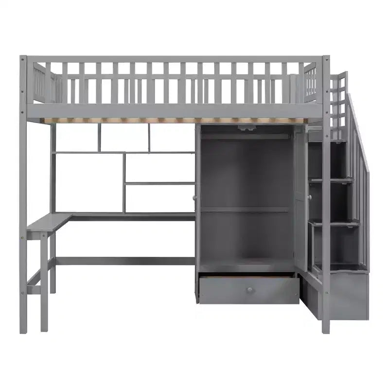 Letto a soppalco in legno con libreria, cassetti, scrivania e armadio, 94.4''L 57''W, costruzione robusta e design unico