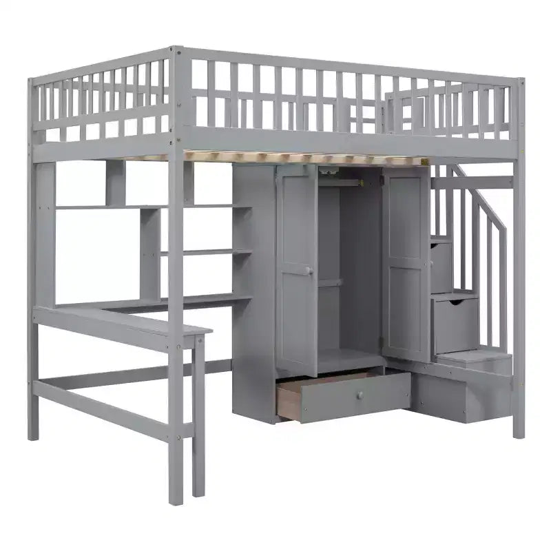 Letto a soppalco in legno con libreria, cassetti, scrivania e armadio, 94.4''L 57''W, costruzione robusta e design unico