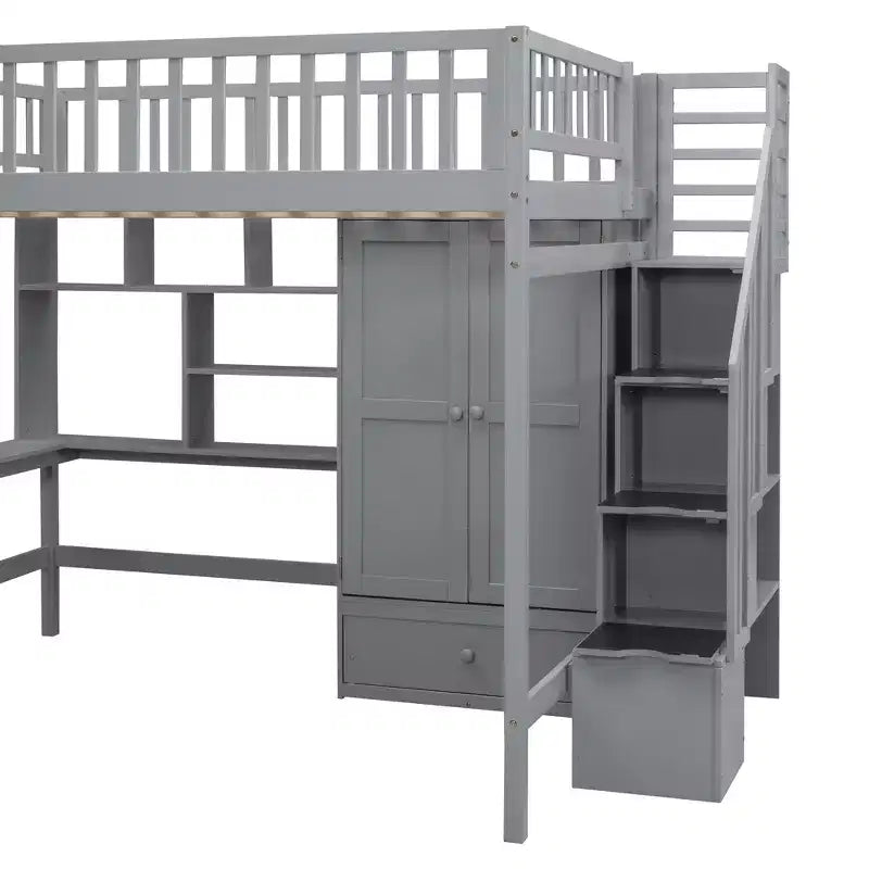 Letto a soppalco in legno con libreria, cassetti, scrivania e armadio, 94.4''L 57''W, costruzione robusta e design unico