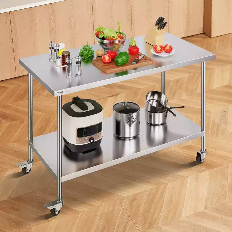 Tavolo da lavoro in acciaio inox 30 x 60 x 38 pollici, con 4 ruote, 3 livelli di altezza regolabili, tavolo da lavoro per la preparazione di alimenti per impieghi gravosi