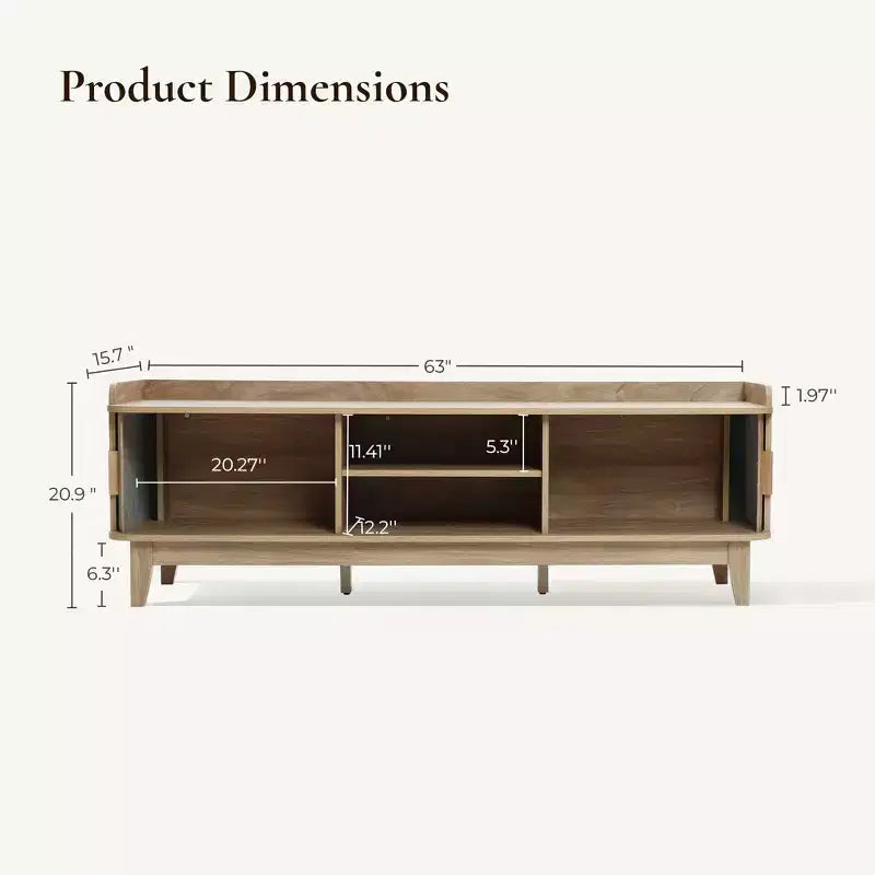 LuxenHome 63 Mid Century TV Stand with Storage, for TVs up to 65, Brown Media Console with Sliding Doors, Oak Brown