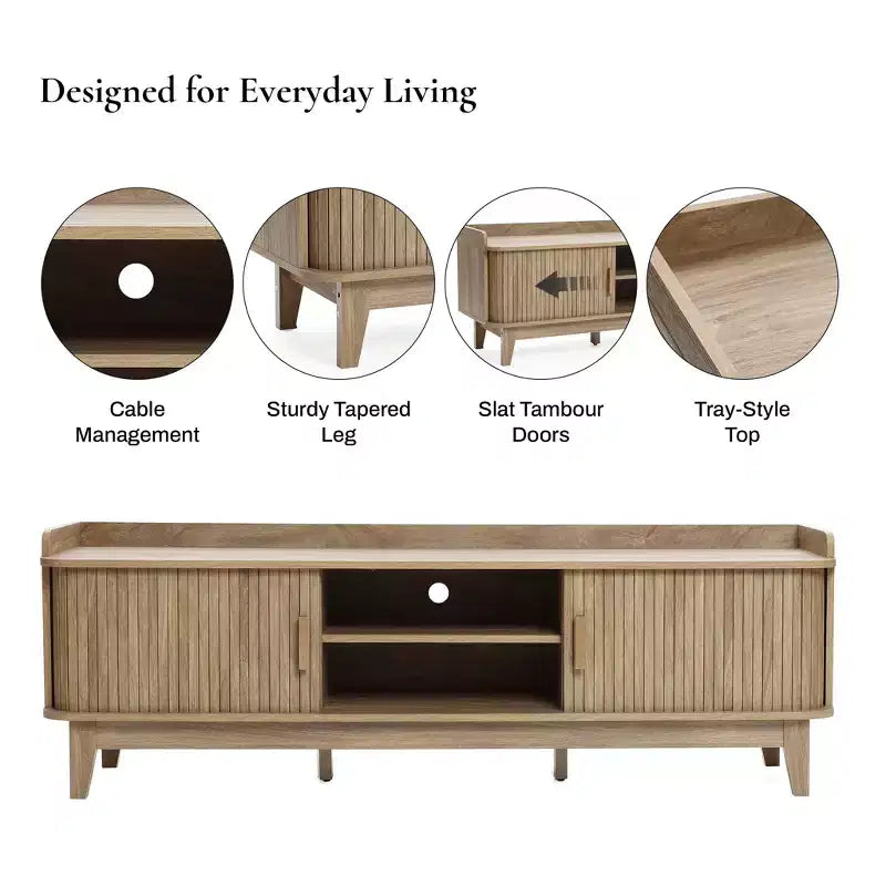 LuxenHome 63 Mid Century TV Stand with Storage, for TVs up to 65, Brown Media Console with Sliding Doors, Oak Brown