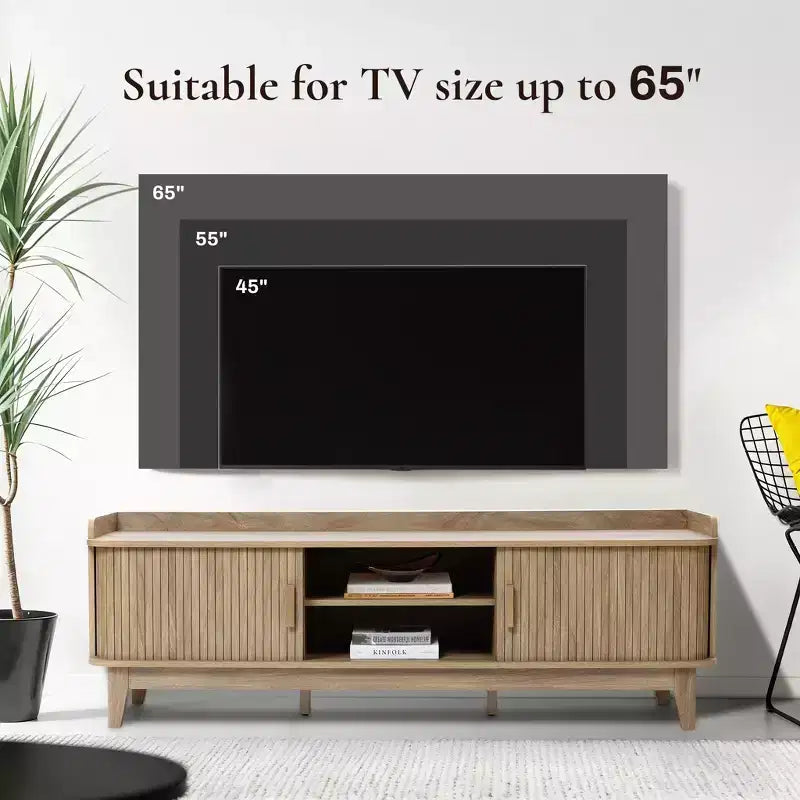LuxenHome 63 Mid Century TV Stand with Storage, for TVs up to 65, Brown Media Console with Sliding Doors, Oak Brown