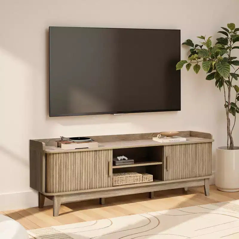 LuxenHome 63 Mid Century TV Stand with Storage, for TVs up to 65, Brown Media Console with Sliding Doors, Oak Brown
