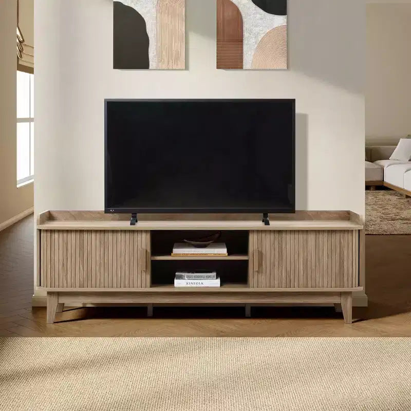 LuxenHome 63 Mid Century TV Stand with Storage, for TVs up to 65, Brown Media Console with Sliding Doors, Oak Brown
