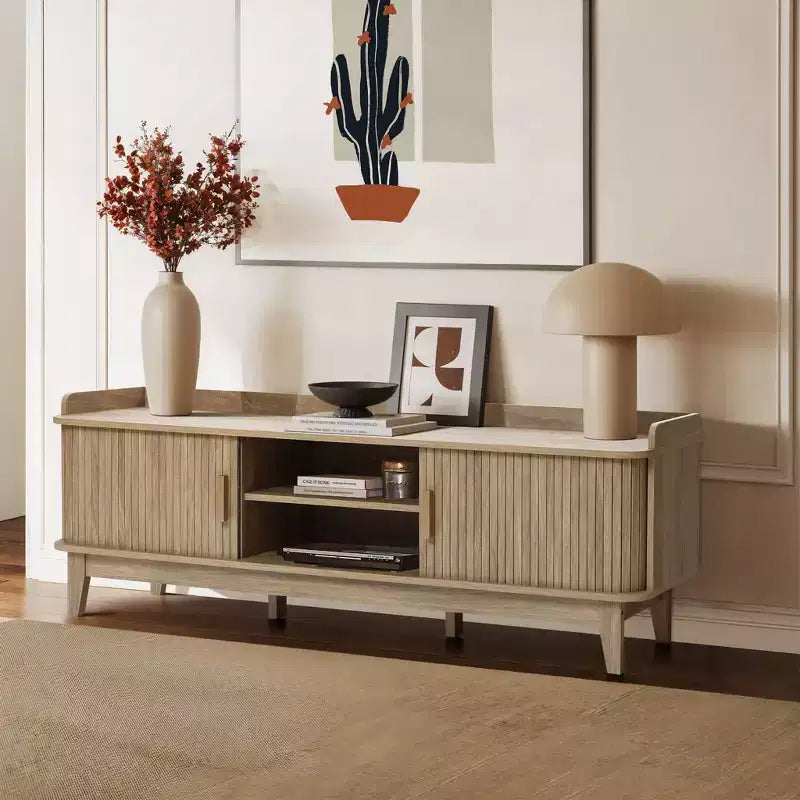 LuxenHome 63 Mid Century TV Stand with Storage, for TVs up to 65, Brown Media Console with Sliding Doors, Oak Brown