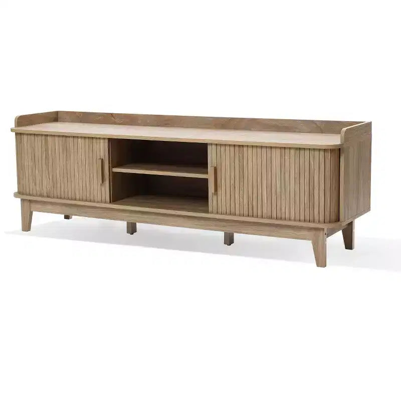 LuxenHome 63 Mid Century TV Stand with Storage, for TVs up to 65, Brown Media Console with Sliding Doors, Oak Brown