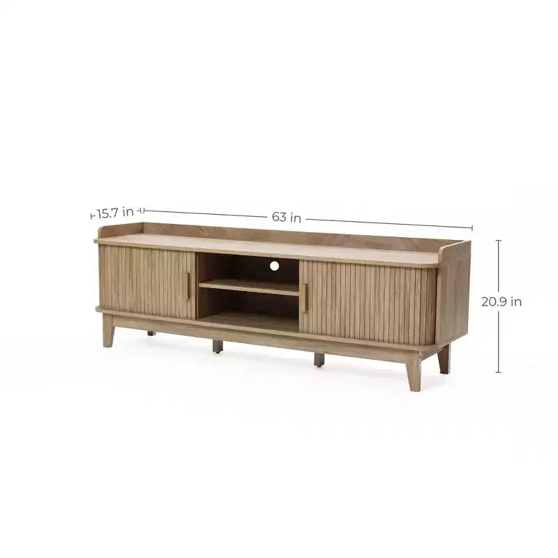 LuxenHome 63 Mid Century TV Stand with Storage, for TVs up to 65, Brown Media Console with Sliding Doors, Oak Brown