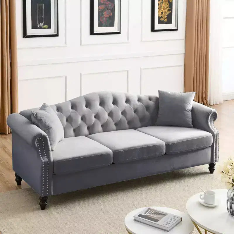 79 Chesterfield Sofa Grey Velvet for Living Room, 3 Seater Sofa Tufted Couch with Rolled Arms and Nailhead for Living Room
