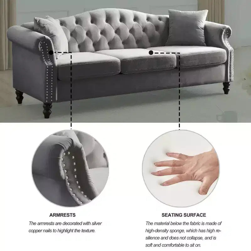 79 Chesterfield Sofa Grey Velvet for Living Room, 3 Seater Sofa Tufted Couch with Rolled Arms and Nailhead for Living Room