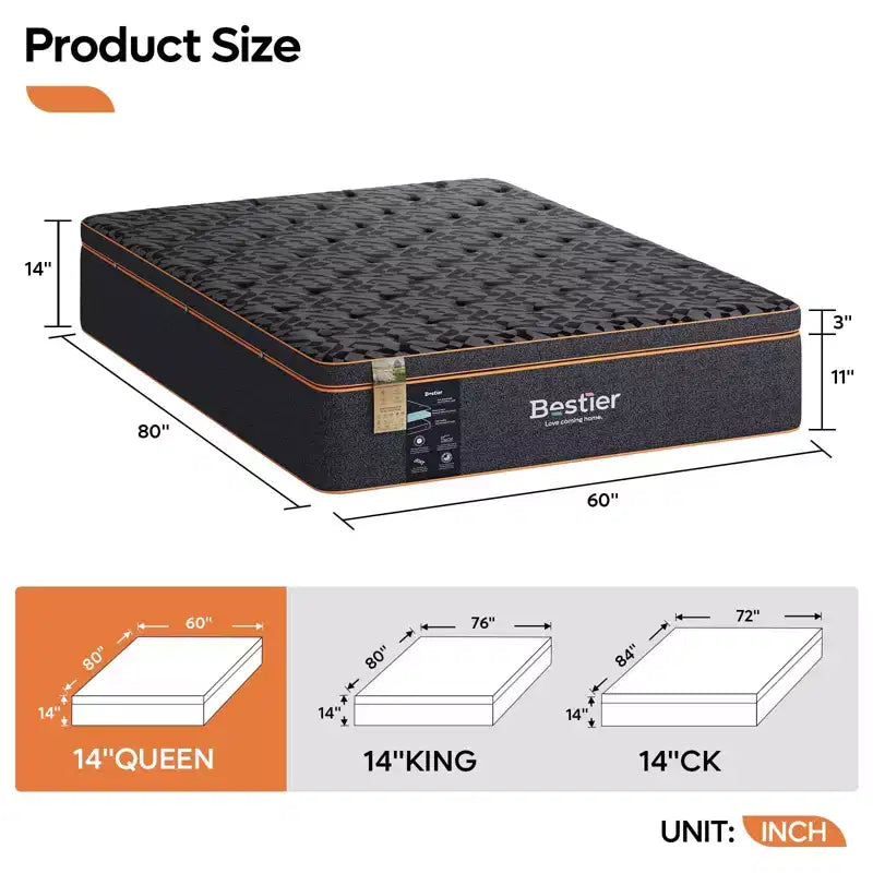 Bestier 14 Queen Size Mattress, Cooling Gel Memory Foam Black Mattress, Organic Wool Mattress, Lumbar Support Spring for Superior Comfort