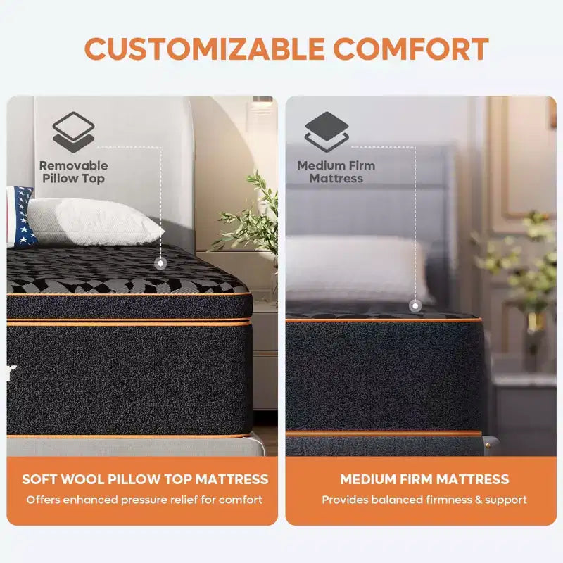 Bestier 14 Queen Size Mattress, Cooling Gel Memory Foam Black Mattress, Organic Wool Mattress, Lumbar Support Spring for Superior Comfort