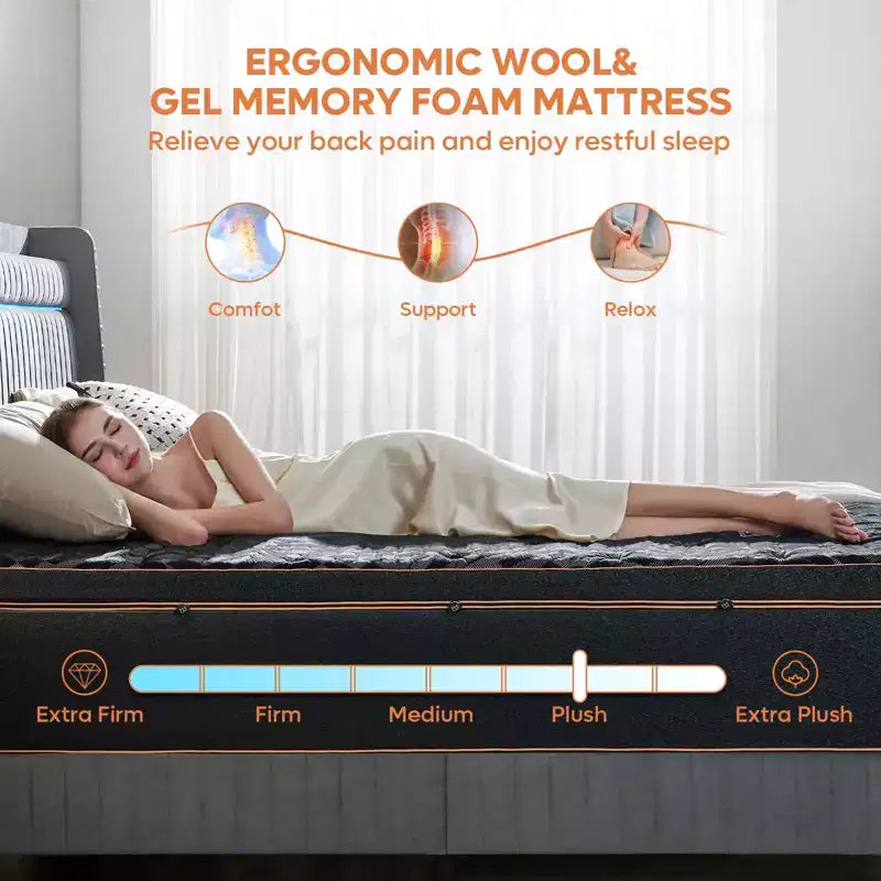 Bestier 14 Queen Size Mattress, Cooling Gel Memory Foam Black Mattress, Organic Wool Mattress, Lumbar Support Spring for Superior Comfort