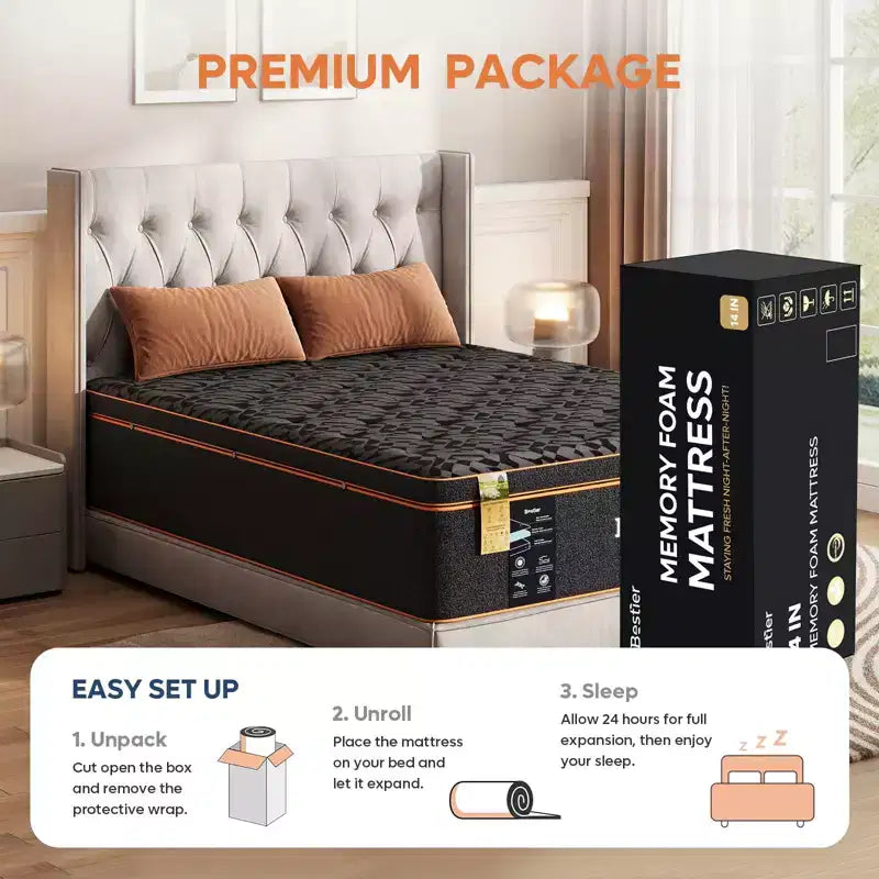 Bestier 14 Queen Size Mattress, Cooling Gel Memory Foam Black Mattress, Organic Wool Mattress, Lumbar Support Spring for Superior Comfort