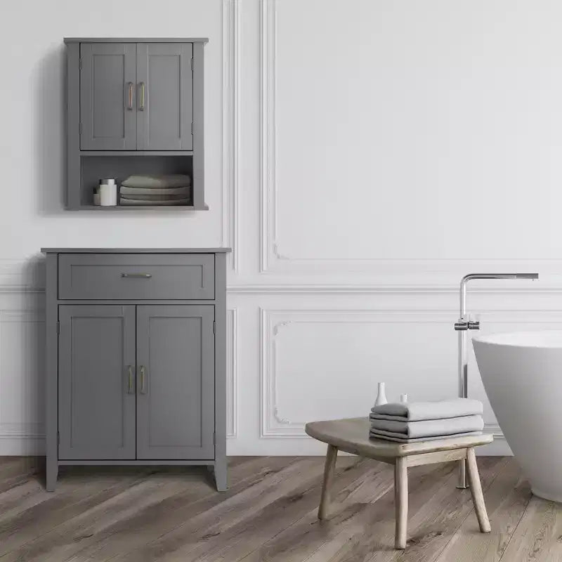 Teamson Home Mercer Wooden Bathroom Furniture, Floor Storage Cabinet with Drawer, Grey