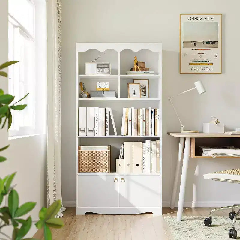 5 Tier Wooden Floor Standing Bookcase, 63 Inch High Display Storage Cabinet, Self Standing Bookcase, Home Office, Study Room, Kitchen