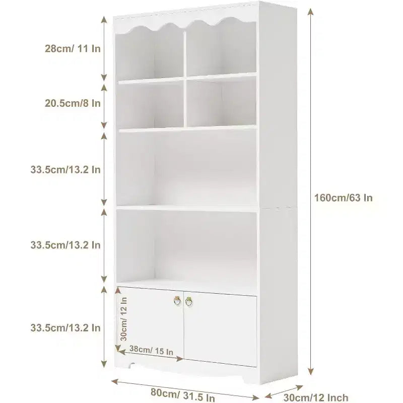 5 Tier Wooden Floor Standing Bookcase, 63 Inch High Display Storage Cabinet, Self Standing Bookcase, Home Office, Study Room, Kitchen