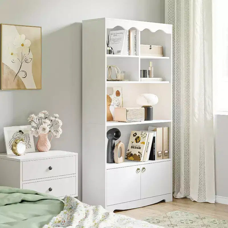 5 Tier Wooden Floor Standing Bookcase, 63 Inch High Display Storage Cabinet, Self Standing Bookcase, Home Office, Study Room, Kitchen