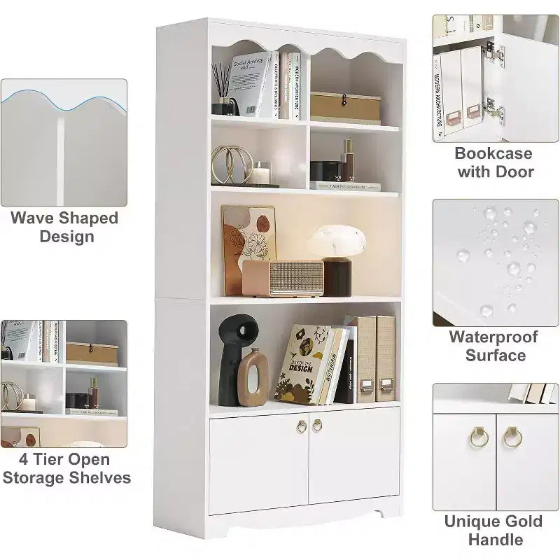 5 Tier Wooden Floor Standing Bookcase, 63 Inch High Display Storage Cabinet, Self Standing Bookcase, Home Office, Study Room, Kitchen