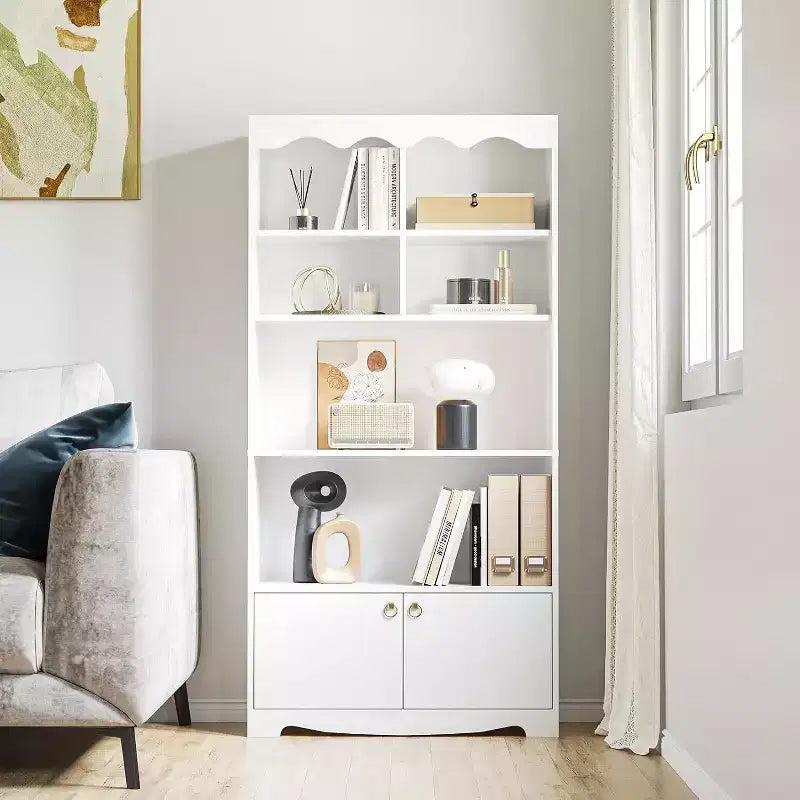 5 Tier Wooden Floor Standing Bookcase, 63 Inch High Display Storage Cabinet, Self Standing Bookcase, Home Office, Study Room, Kitchen
