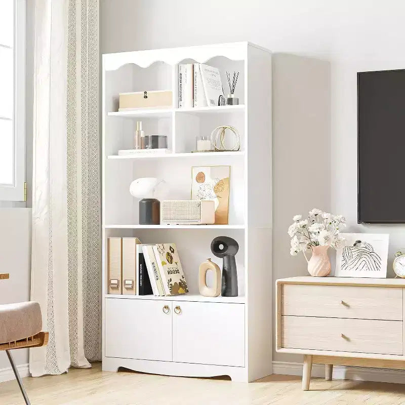 5 Tier Wooden Floor Standing Bookcase, 63 Inch High Display Storage Cabinet, Self Standing Bookcase, Home Office, Study Room, Kitchen