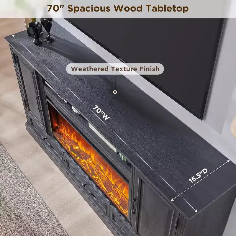 35.7 Tall Fireplace TV Stand for 80 Inch TV with 36 Electric Fireplace, Farmhouse Entertainment Center with Cabinets & Drawers