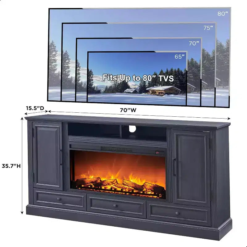 35.7 Tall Fireplace TV Stand for 80 Inch TV with 36 Electric Fireplace, Farmhouse Entertainment Center with Cabinets & Drawers