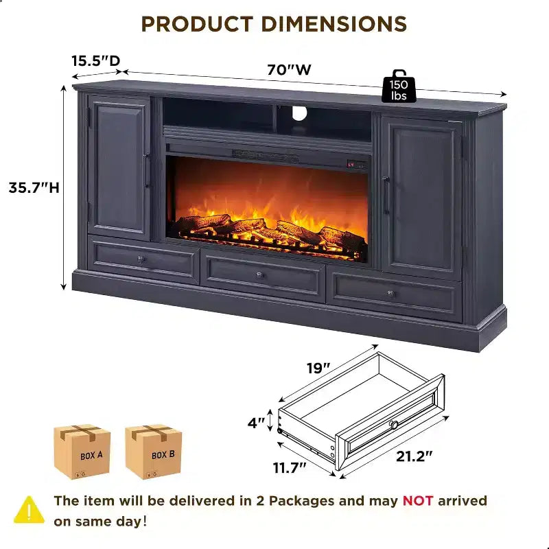 35.7 Tall Fireplace TV Stand for 80 Inch TV with 36 Electric Fireplace, Farmhouse Entertainment Center with Cabinets & Drawers