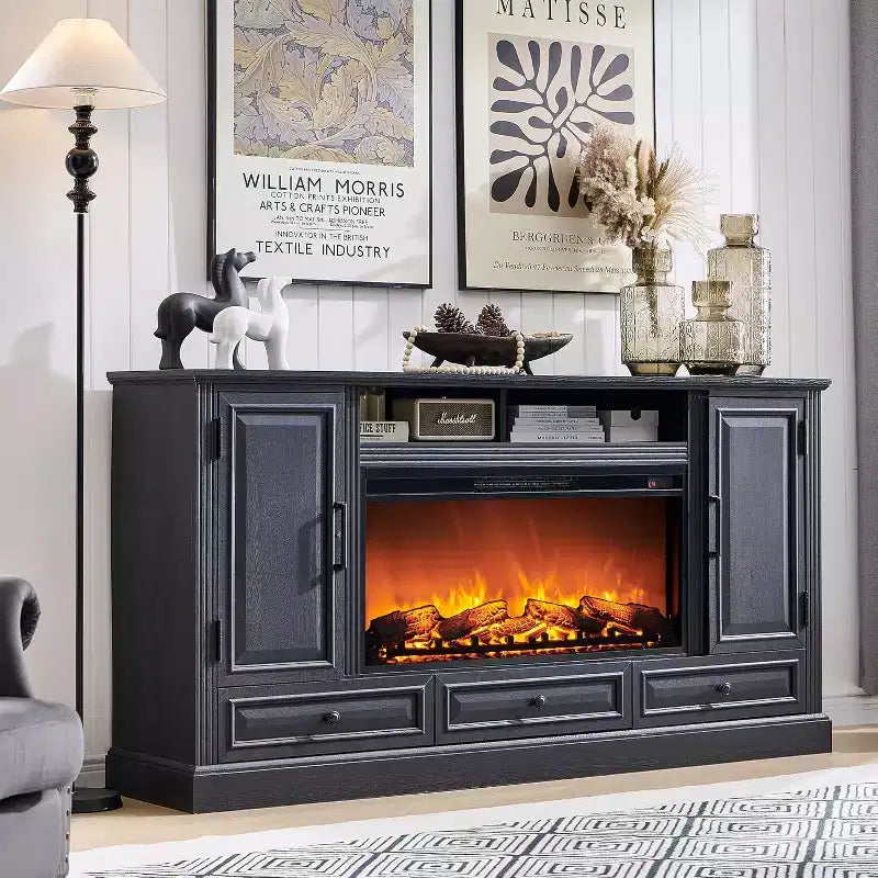 35.7 Tall Fireplace TV Stand for 80 Inch TV with 36 Electric Fireplace, Farmhouse Entertainment Center with Cabinets & Drawers