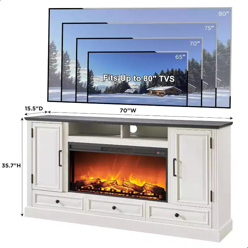 35.7 Tall Fireplace TV Stand for 80 Inch TV with 36 Electric Fireplace, Farmhouse Entertainment Center with Cabinets & Drawers