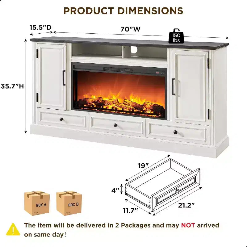 35.7 Tall Fireplace TV Stand for 80 Inch TV with 36 Electric Fireplace, Farmhouse Entertainment Center with Cabinets & Drawers