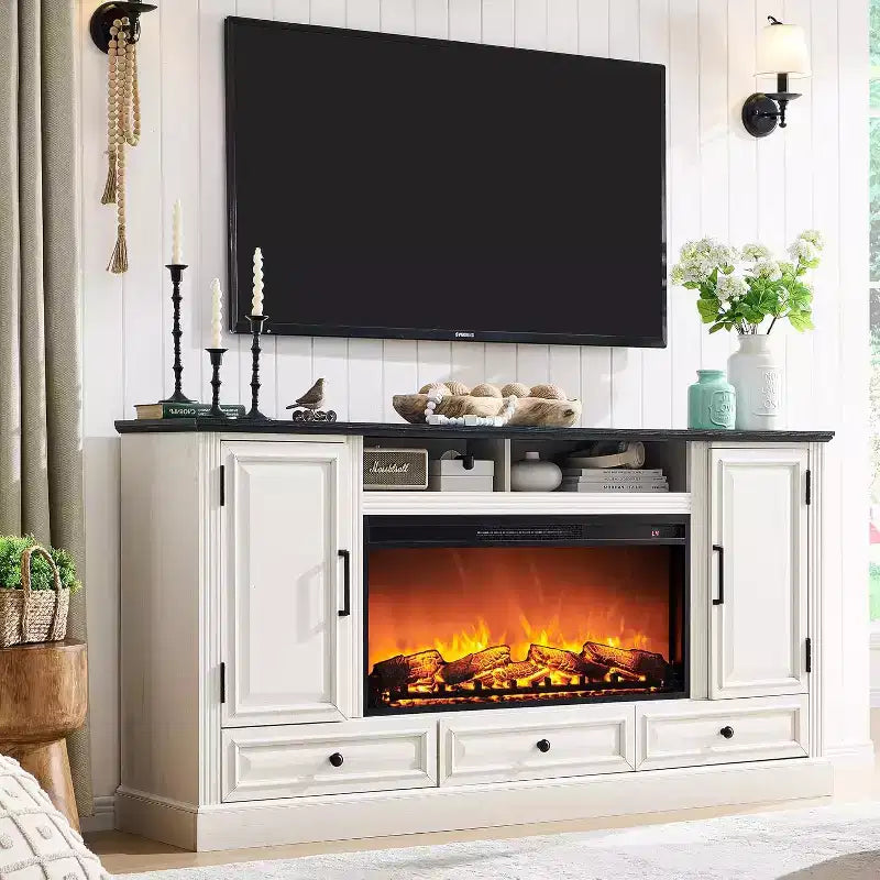 35.7 Tall Fireplace TV Stand for 80 Inch TV with 36 Electric Fireplace, Farmhouse Entertainment Center with Cabinets & Drawers