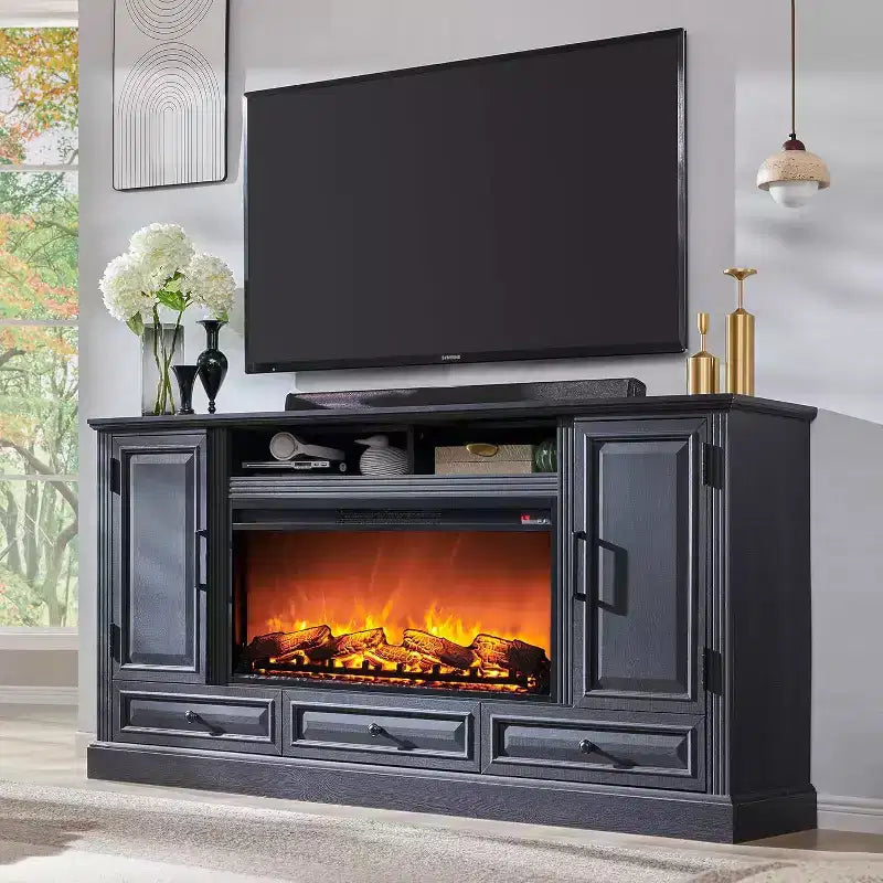 35.7 Tall Fireplace TV Stand for 80 Inch TV with 36 Electric Fireplace, Farmhouse Entertainment Center with Cabinets & Drawers