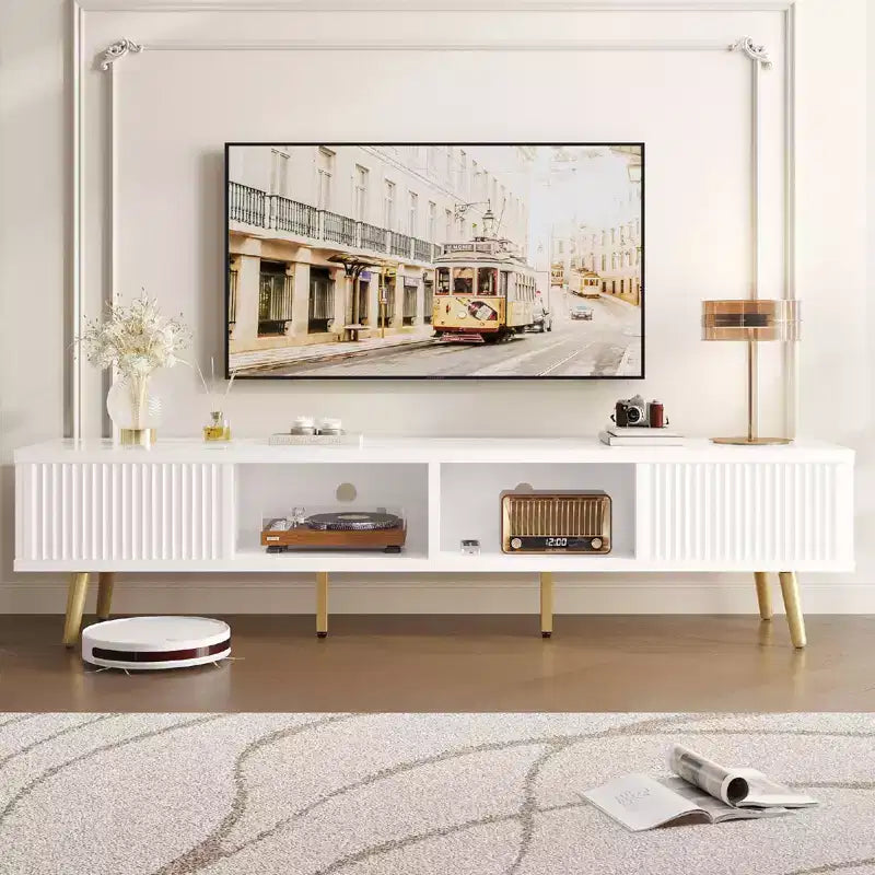 Bestier 71 Modern TV Stand for 75/80 inch TV with Fluted Sliding Doors, High Gloss Entertainment Center with Storage for Living Room, Cord Management